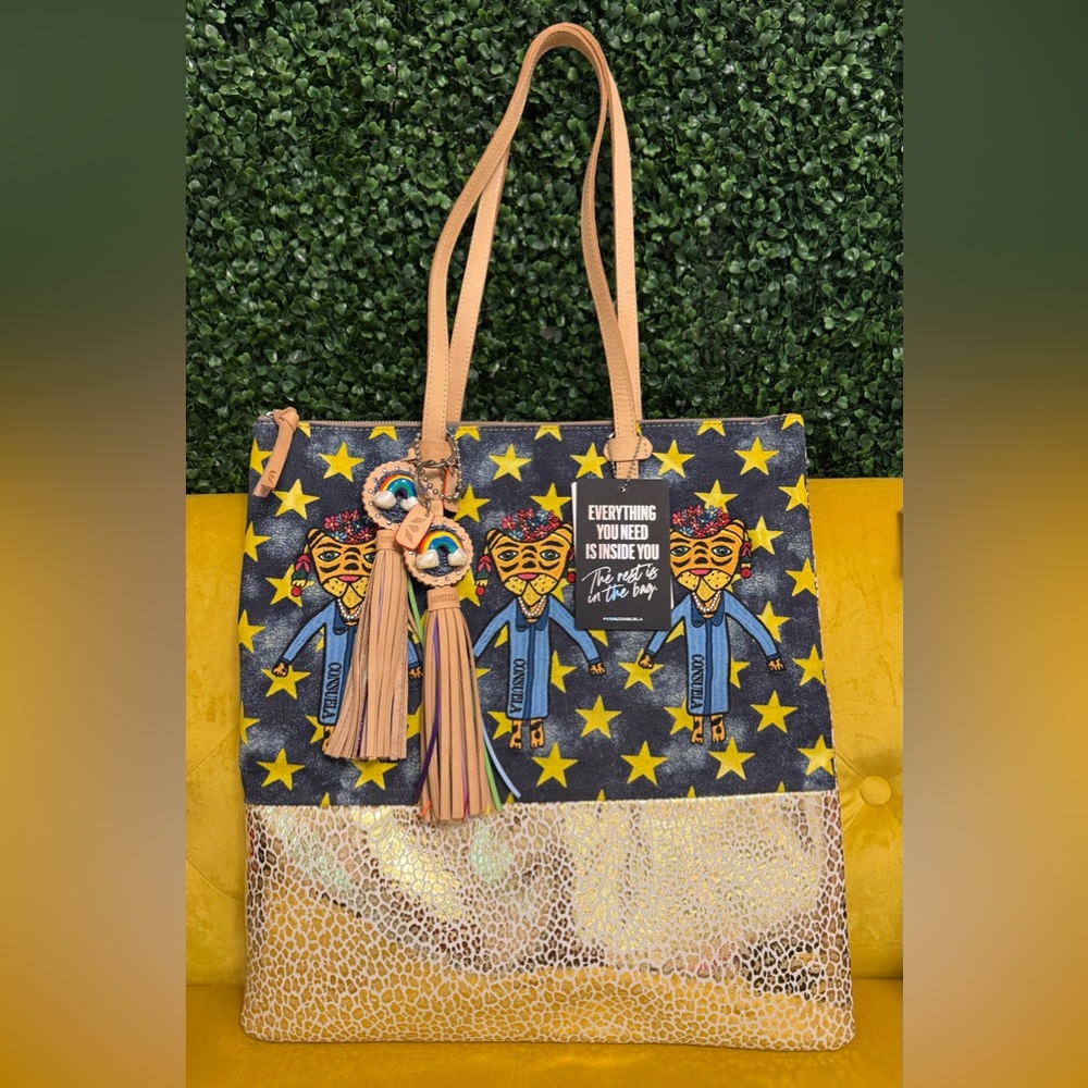 NWT Consuela Rawr Tote Frida Cat‎ Stars Metallic Animal Print Rainbow Charms